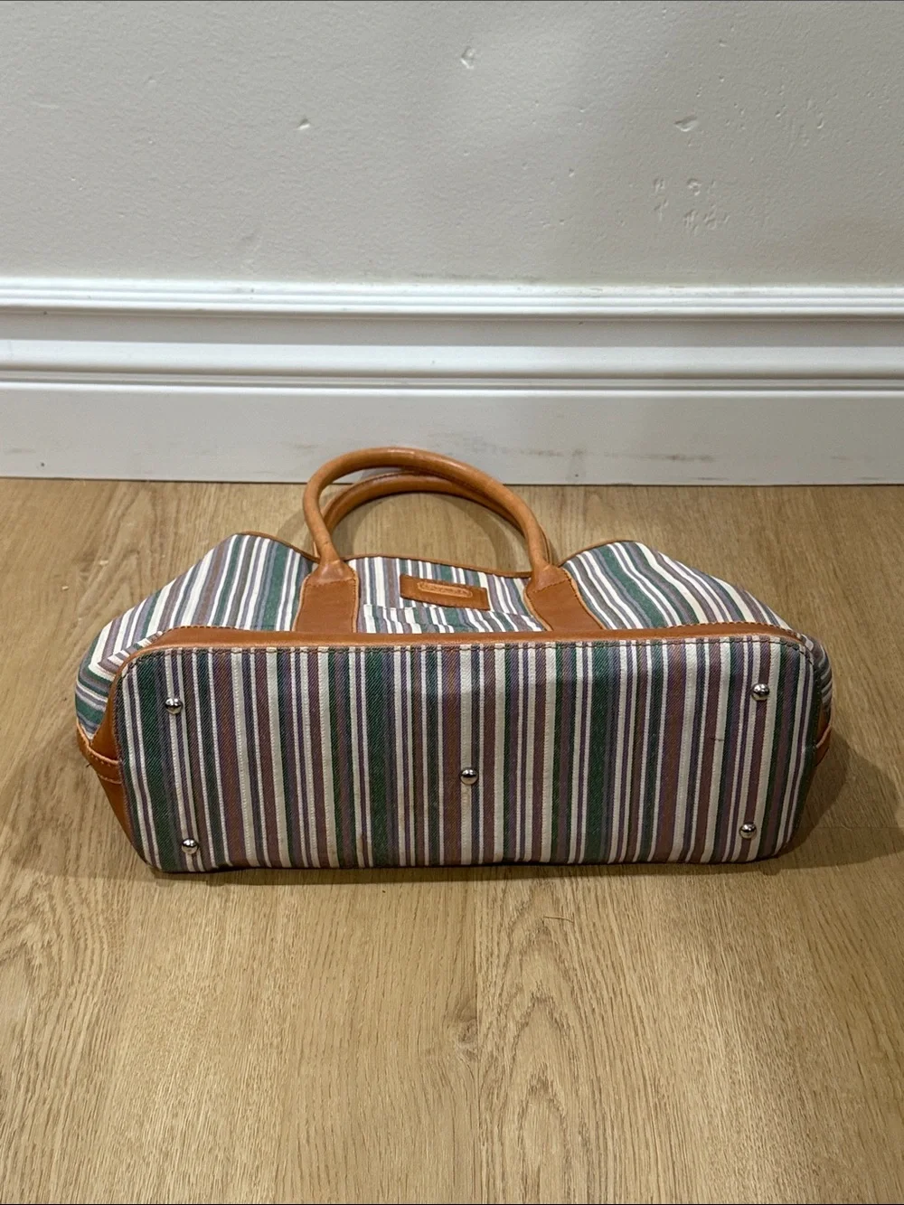 Coach Striped Canvas Mini Tote with Tan Leather Trim